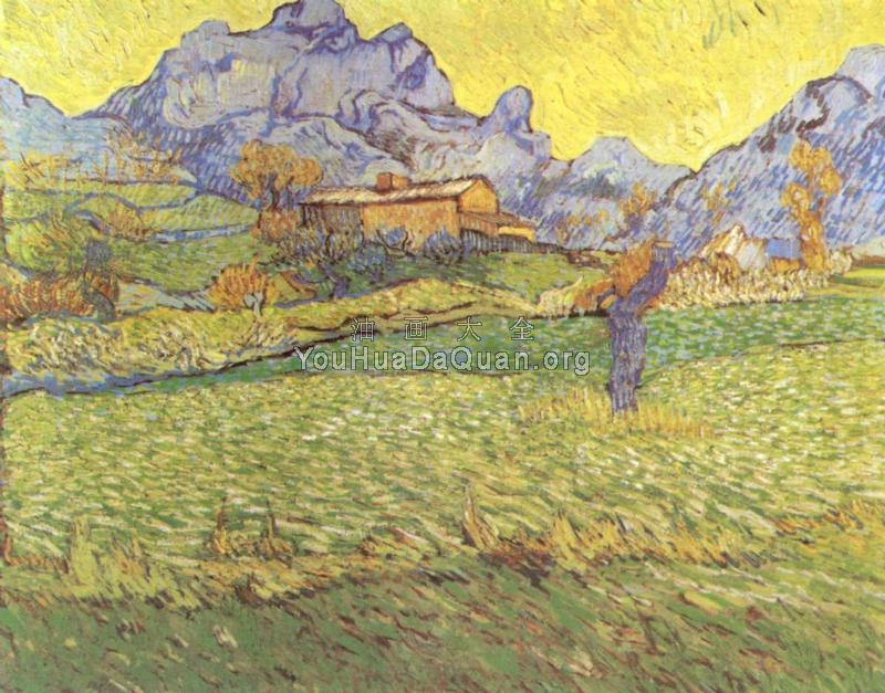 有断树的田野和山脉 - 文森特·威廉·梵高